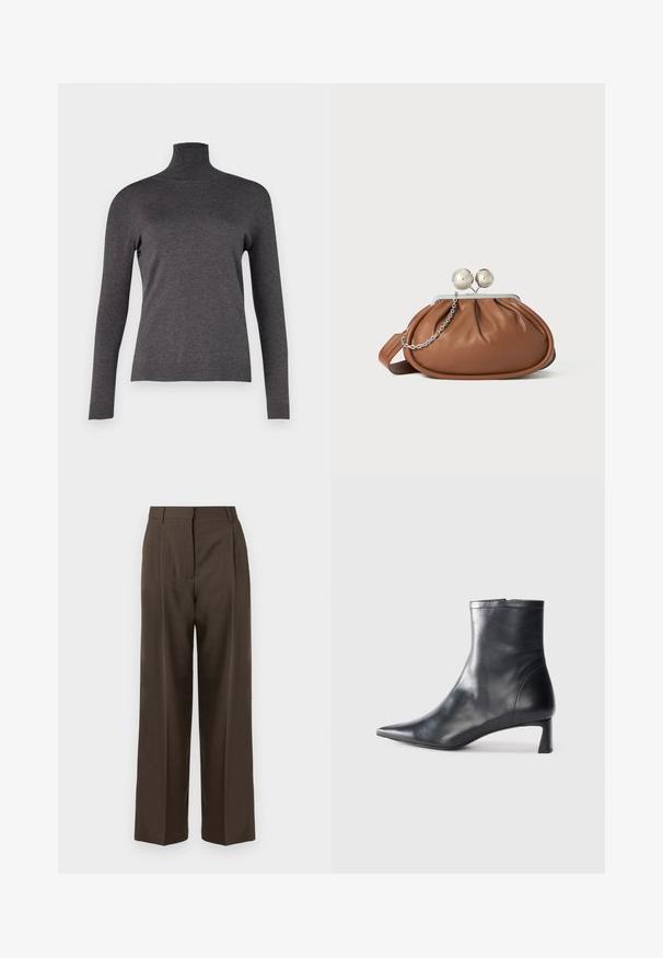 WEEKEND MaxMara KIKU - Džemperis - grigio scuro; Rudos platesnios kelnės su lygiu paviršiumi, turinčios aukštą liemenį, priekinės klostes ir pritaikytą dizainą. Nėra matomų kišenių ar puošmenų.; Juodas odinis kulkšninis batas su smailiu pirštu ir elegantišku dizainu. Turi žemą kulną ir užtrauktuką gale. Lygi tekstūra.; Ruda odinė rankinė su sidabriniu rutuliniu užsegimu ir maža sidabrine grandinėle ant balto fono.