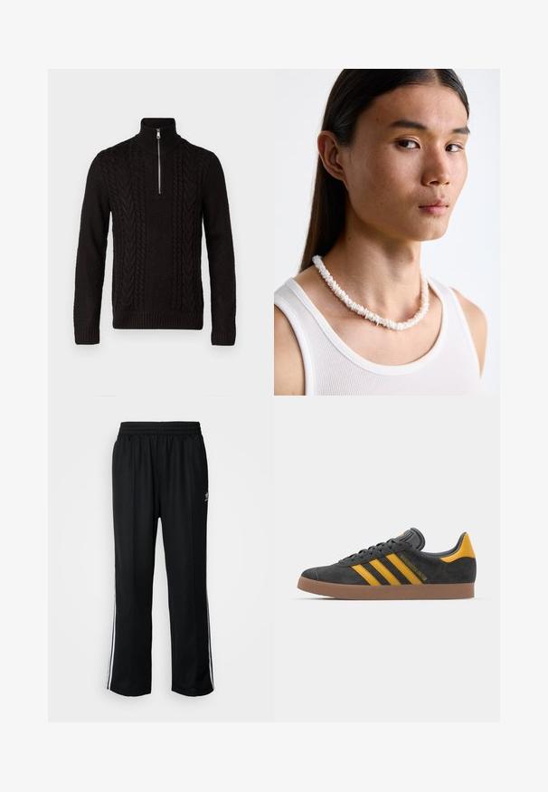 Black knit sweater with a high collar and half-zip. Features textured cable knit patterns and ribbed cuffs and hem.; Black athletic pants with an elastic waistband, featuring white side stripes and a small logo. Material appears soft and lightweight.; Black suede sneaker with yellow accents, featuring three stripes and a brown rubber sole. Includes a padded tongue for comfort.; White shell necklace composed of irregular shapes, worn over a fitted white tank top. Smooth texture with subtle sheen, close-fitting design.