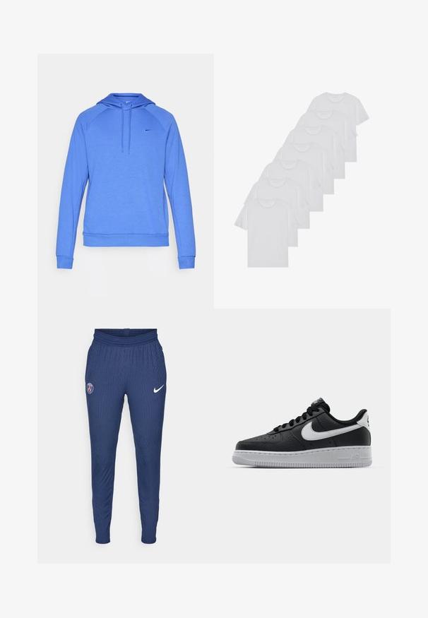 Felpa blu realizzata in tessuto morbido, dotata di una tasca frontale a marsupio, cappuccio con cordino e un piccolo logo sul petto.; T-shirt bianchi in cotone, maniche corte, design a collo tondo, texture liscia, impilati in fila, con un sottile marchio all'altezza del collo.; Pantaloni sportivi navy realizzati in tessuto testurizzato con logo Parigi sulla coscia sinistra e swoosh Nike bianco sulla destra.; Sneaker in pelle nera con superficie texture, baffo Nike bianco, suola grigia, punta rotonda e design con lacci. Presenta delle perforazioni sulla punta.