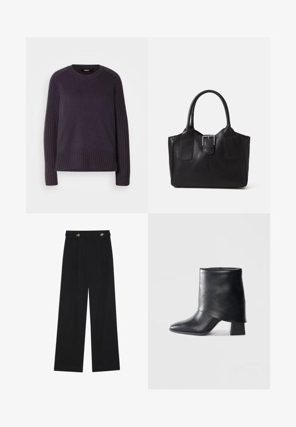 Suéter malha em roxo escuro, com mangas caneladas e decote redondo, apresentando um ajuste ligeiramente solto na barra.; Calças largas pretas com cintura alta, detalhes em botão na cintura e pregas frontais.; Bota de tornozelo em couro preto com bico afilado, textura suave e um salto bloco estruturado. Apresenta um design de cano alto e dobrado.; Bolsa tote de couro preta com textura suave, forma estruturada, duas alças e um destaque prateado proeminente na parte da frente.
