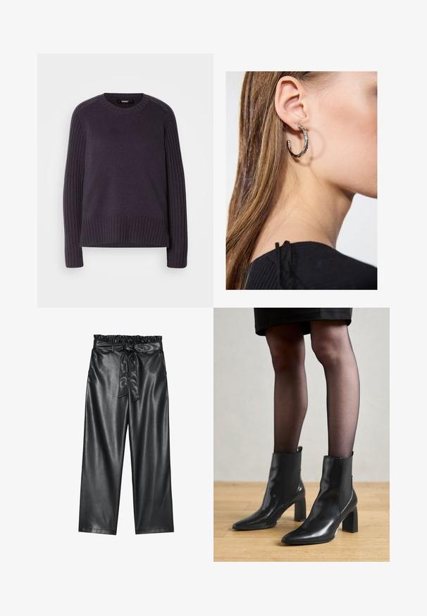 Mezgimas megztinis tamsiai purpurinės spalvos, su įribuotomis rankovėmis ir apvaliu kaklu, šiek tiek laisvesnio kirpimo apačioje.; Juoda dirbtinės odos plačių kojų kelnės su elastingu, pūkuotu liemeniu ir nuimamu raišteliu. Lygus paviršius ir minimalus blizgesys.; Juodos odinės aulinės botai su smailiu priekiniu galiuku, masyviu kvadratiniu kulnu ir elegantišku dizainu. Yra elastingos šoninės detalės, kad būtų lengva užsidėti.; Sidabrinė lankinė auskarai su poliruotu paviršiumi, turintys mažus auksinius akcentus ir apvalią formą, dėvimi ant ausies kaušelio.