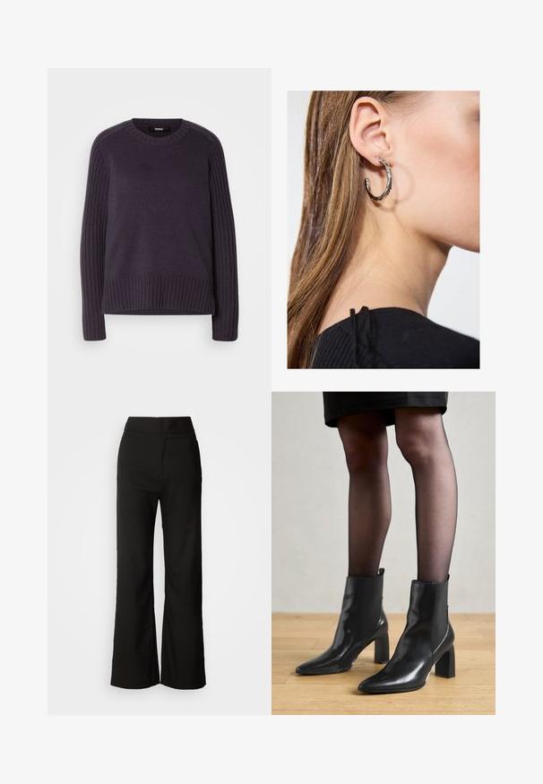 Sötét lila kötött pulóver, ribbeltt ujjakkal és kerek nyakkivágással, az alján pedig enyhén bő szabással.; Fekete, bő szárú nadrág sima textúrával, magas derékkal és letisztult dizájnnal. Nincs látható zseb vagy díszítés.; Fekete bőr bokacsizma, hegyes orral, vastag négyzetes sarkal és letisztult dizájnnal. Az egyszerű felvételt segítő elasztikus oldalsó panelek jellemzik.; Ez egy ezüst fülbevaló, sima felülettel, amelyen apró arany díszítőelemek találhatók. Kerek formájú és a fülcimpán viselik.