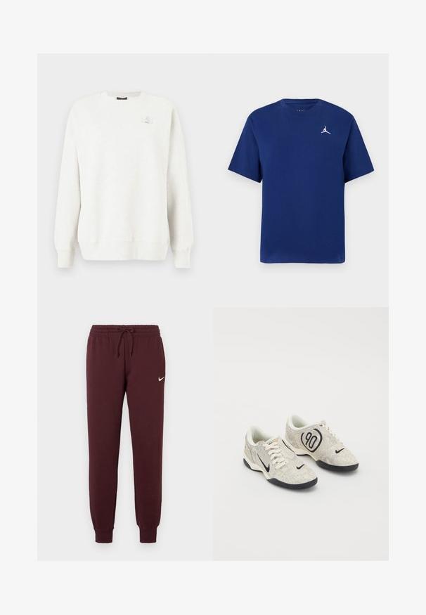Világosszürke pulóver kerek nyakkal, bordázott mandzsettákkal és szegéllyel. Kicsi logóval ellátott folt a mellkason. Puha, struktúrált anyag.; Sötétkék pamut póló rövid ujjal, kerek nyakkivágással és fehér Jumpman logóval a mellrészen. Egyszerű, klasszikus dizájn.; Bordó szabadidőnadrág, rugalmas derékkal és húzózsinórral. Bordás szegélyekkel és egy kis fehér Nike logóval a bal combon. Simás textúra.; Nike sneaker bézs és szürke textúrával ellátott felsőrésszel, fekete kiegészítőkkel, egy nagy "90" logóval és fehér fűzős záródással. Fekete talp.