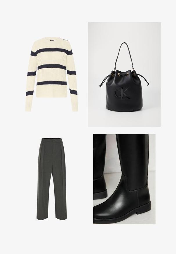 Kreminės spalvos megztinis su tamsiai mėlynomis horizontaliomis juostomis; su apvaliu iškirpimu, ilgomis rankovėmis ir sagų akcentais ant vieno peties.; Pilki platėjantys kelnių modelio kelnės iš tekstūruotos medžiagos, su aukštu liemeniu ir priekine klostuote. Dizainas apima lygų juosmenį ir nematomus užsegimus.; Juodos odinės iki kelių bateliai su lygia tekstūra, apvaliu pirštu, minimaliai siuvinėti ir žemu blokiniu kulnu. Išsiskiria siauromis, prigludusiomis linijomis.; Juodos odinės kibirėlės tipo rankinės su raišteliu, ant priekio puikuojasi blizgantis "CK" logotipas ir auksinės detalės.