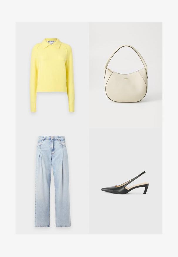 Gulstickad tröja med krage, ribbade muddar och nederdel, med en mjuk textur och en kort klippning. Varumärkeslogotyp synlig på sidan.; Ljust blå denimjeans med hög midja, vida ben, två sidofickor och veckad design. Mjuk textur med en blekt finish.; Svart spetsig slingback-sko med låg klack, som har ett slätt lädermaterial och utskärningsdesign på sidan för andningsförmåga.; Krämfärgad handväska med texturerad yta, böjd form, kort handtag och detalj i guldton. Dragkedjestängning upptill.