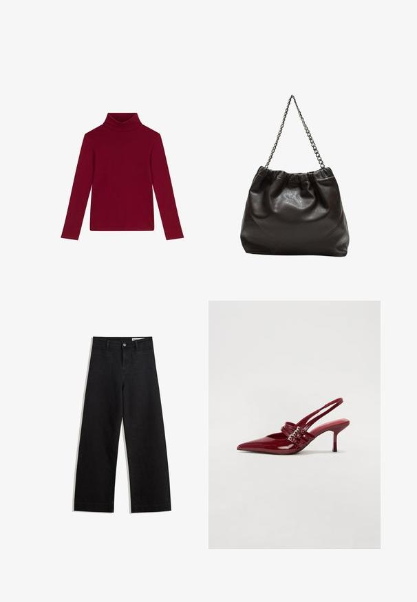 Burgunderfarbenes Rollkragenoberteil mit langen Ärmeln, aus weichem, dehnbarem Stoff; hat ein tailliertes Design und ein kleines Logo-Detail nahe dem Saum.; Schwarze weit geschnittene Jeans mit hoher Taille, ausgestattet mit Vorder- und Hintertaschen, gesteppten Nähten und einem Knopfverschluss. Glatte Textur.; Rote Lackleder Slingback-Absätze mit spitzem Zeh, zwei Schnallenriemen und einem schlanken, mittelhohen Stiletto-Absatz. Glatte Textur.; Braune Lederhandtasche mit gerafftem Oberteil und Kettenriemen. Glatte Textur mit glänzendem Finish und subtilen Nahtdetails an den Seiten.