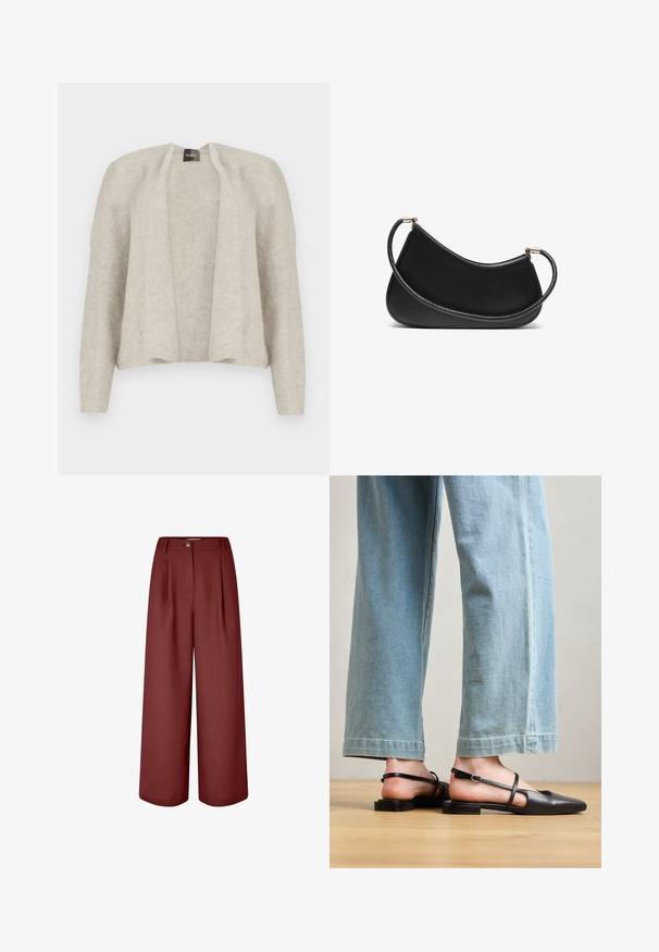Light gray cardigan with an open front, made of a soft, textured fabric. Features long sleeves and a relaxed fit. No fastenings.; Wide-leg trousers in a rich burgundy color, made of smooth fabric. Features a waistband, front pleats, and a single button closure.; Black leather slingback shoes with a pointed toe, flat heel, and ankle strap; worn with light blue wide-leg jeans.; Black leather shoulder bag with a curved design, featuring a textured strap and gold-tone hardware at the top closure. Smooth finish.; Gold jewelry set featuring a layered necklace with a teardrop pendant and matching stud earrings, all in a polished finish.