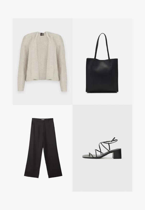 Svetlo šedý kardigán s otvoreným predným dielom, vyrobený z mäkkej štruktúrovanej tkaniny. S dlhými rukávmi a uvoľneným strihom. Bez zapínania.; Čierne široké nohavice vyrobené z hladkej tkaniny, so zipsom vpredu a dvoma bočnými vreckami, s prispôsobeným strihom a minimalistickým dizajnom.; Čierne sandále na opätku so štvorcovou špičkou a masívnym opätkom, vyrobené z hladkého materiálu. Obsahujú nastaviteľné remienky okolo členka a minimálny hardware.; Čierna kožená taška na rameno s hladkým povrchom, obdĺžnikovým tvarom a dvoma dlhými uchami. Bez viditeľného kovania alebo ozdôb.