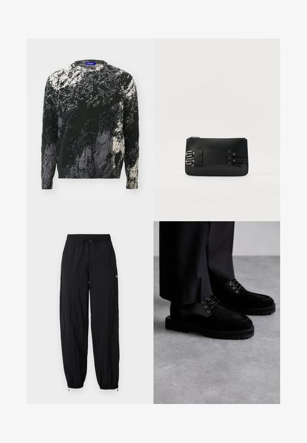 Mustvalge kootud sviiter, millel on tekstuurne abstraktne mustriline, ümar kaelus ja pikad varrukad. Pehme materjal erinevate toonide järgi.; Mustad, kerged sportlikud püksid elastse vöökoha ja reguleeritava paelaga, kitsenevad pahkluude suunas. Omavad tagasihoidlikku logodetaili.; Mustad mustad jalanõud, mis on valmistatud suède ja sileda naha kombinatsioonist, paksu kummitald ja silmatorkavad õmblusdetailid.; Mustast nahast kott, millel on sile tekstuur, metallist riistvara ja pandla detail taga. Ülemine lukustus.