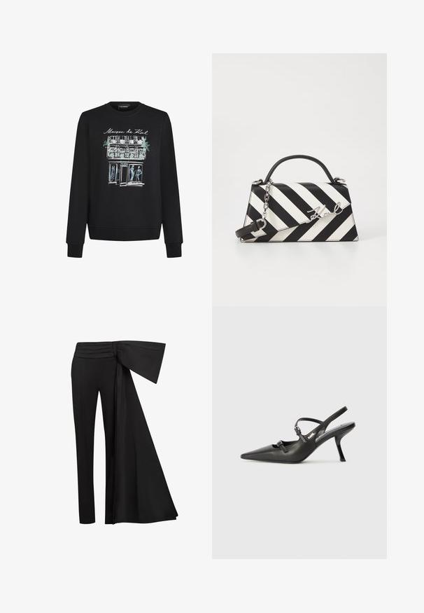 Sweatshirt noir à manches longues. Dispose d'un graphique frontal d'un magasin avec le texte "Maison de Karl", des accents verts et des figures dessinées.; Pantalons noirs avec un large détail de ceinture drapée à la taille. Tissu lisse, coupe droite et taille plissée.; Talons slingback en cuir noir avec un bout pointu, un talon fin et un détail de boucle décorative sur le vamp. Texture lisse et design épuré.; Sac à main rayé noir et blanc avec une forme structurée, doté d'une poignée supérieur, d'une bandoulière en chaîne amovible et d'un accent logo métallisé.