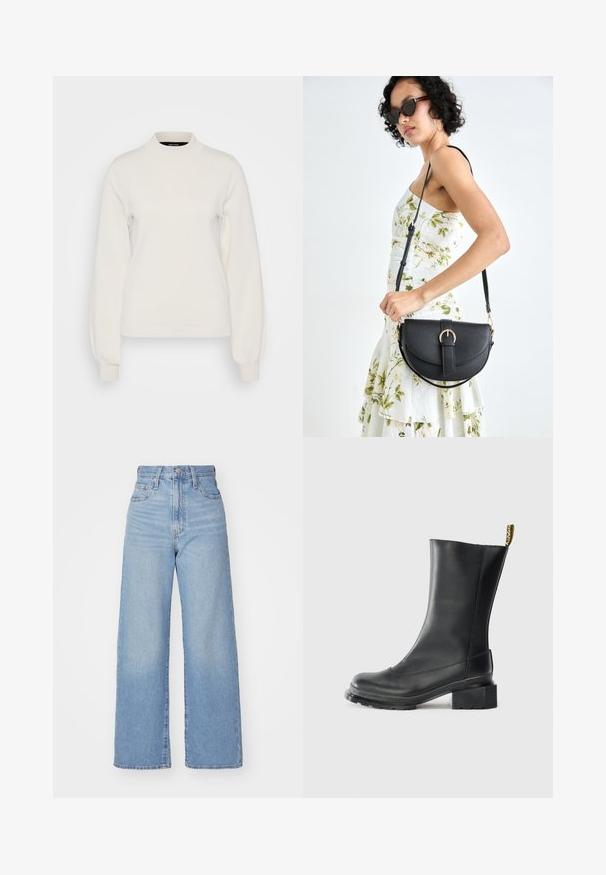 Vero Moda Tall VMMERCURY HIGHNECK - Pullover - birch; Jean large taille haute bleu clair avec bouton et fermeture éclair à l'avant, poches avant et arrière, sur fond blanc.; Bottine en cuir noir à talon carré, texture lisse, bout rond et boucle de talon avec un marquage jaune.; Sac à main en cuir noir avec une forme courbée, bandoulière amovible et des accessoires en or. Le sac est doté d'un rabat avec un détail de boucle.