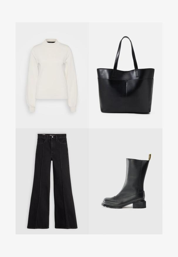 Vero Moda Tall VMMERCURY HIGHNECK - Jumper - birch; Black high-waist wide-leg jeans with front seam detailing, button closure, belt loops, and front pockets on a plain light background.; Black leather ankle boot with a block heel, smooth texture, rounded toe, and a heel tab featuring yellow branding.; Black leather tote bag with two long handles, a smooth texture, and a structured shape. Features a front pocket for additional storage.