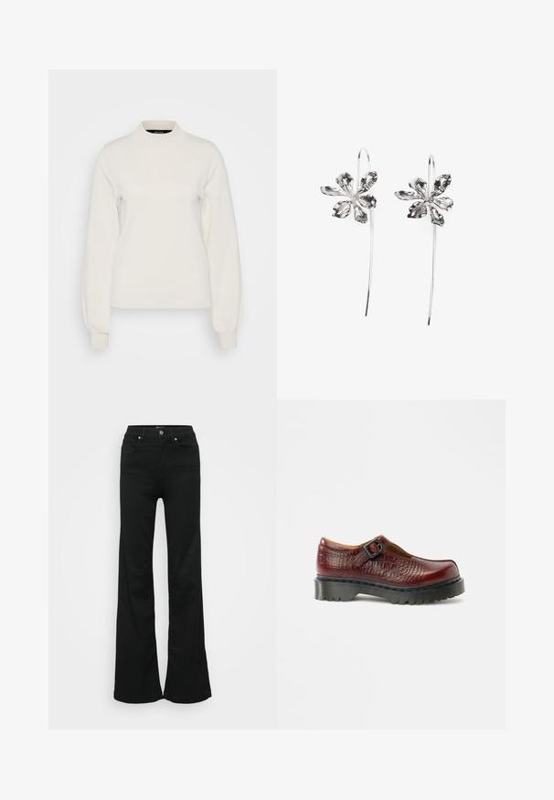 Vero Moda Tall VMMERCURY HIGHNECK - Trui - birch; Zwarte wijde jeans gemaakt van denim, met een hoge taille, vijf zakken en een metalen knoopsluiting. Gladde textuur met minimale detailing.; Bordeauxrode leren Mary Jane-schoen met een gesp, een textuur van krokodillenpatroon en een dikke zwarte rubberen zool, met een ontwerp met een afgeronde neus.; Zilveren oorbellen in de vorm van bloemen met een gestructureerde afwerking, voorzien van lange haken en bloembladen-achtige details voor een ingewikkeld ontwerp.