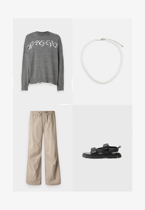 The Ragged Priest DIRECTION - Camisola - acid wash black; Calças largas bege com cintura elástica e cordão. Textura suave, dois bolsos laterais e costuras mínimas para um ajuste descontraído.; Sandálias pretas com um topo de tecido texturizado, tiras largas, detalhes em fivela de metal, e uma sola de borracha espessa com um padrão de ranhuras.; Colar de pérolas brancas com forma redonda uniforme, superfície lisa e fecho metálico com corrente de extensão para ajuste de comprimento.