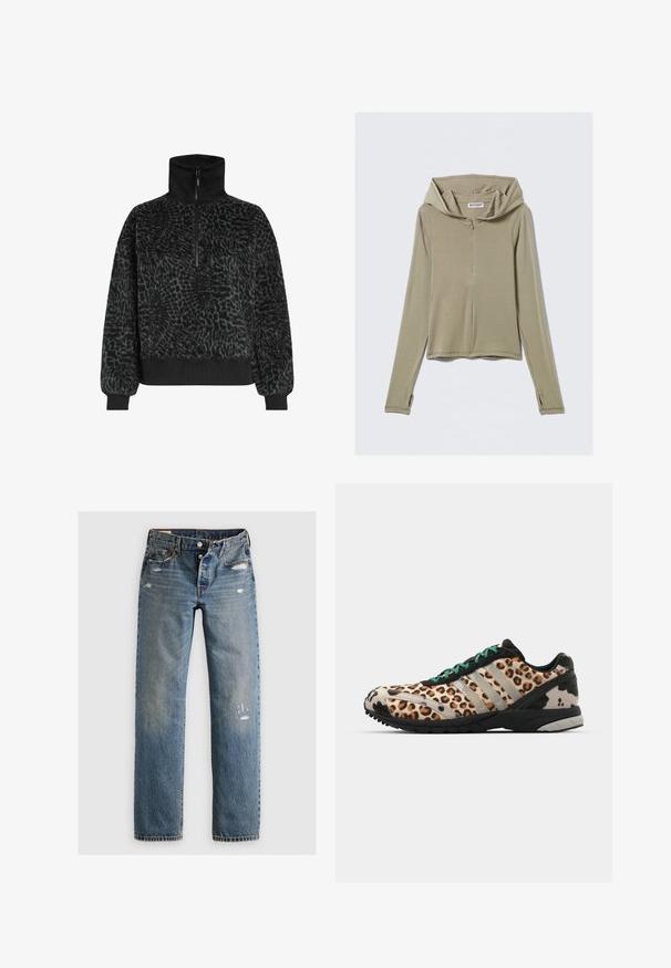 Pullover in pile nero con un alto colletto e zip metà, dotato di polsini e orlo a coste per una vestibilità aderente.; Felpa con cappuccio verde oliva a maniche lunghe con zip, realizzata in tessuto morbido. Presenta un ampio cappuccio, cuciture minime e fori per il pollice sulle maniche.; Jeans in denim blu con taglio dritto, caratterizzati da dettagli strappati e macchie sbiadite. Il tessuto ha una finitura testurizzata e cuciture a vista.; adidas Originals ADIZERO ADIOS OG - Sneakers basse - grey two/core black/court green