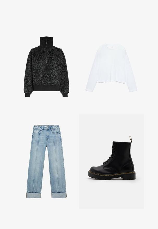 Zwarte textuur fleece pullover met een hoge kraag en een halve rits, voorzien van ribbelboorden en een zoom voor een snug fit.; Langarmige witte cropped t-shirt, gemaakt van zachte stof, heeft een ronde hals en een losse pasvorm met omgeslagen mouwen. Eenvoudig en strakke ontwerp.; Lichtblauwe denim wijde jeans met een hoge taille, voorzien van vijf zakken, zichtbare stiksels en opgerolde zomen bij de manchetten.; Zwarte leren enkelboots met een vetersluiting aan de voorkant, gele stiksels, een ronde neus en een dikke, gestructureerde rubberen zool.