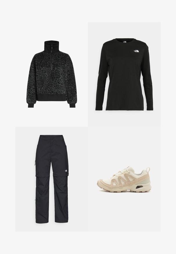 Black textured fleece pullover with a high collar and half-zip, featuring ribbed cuffs and hem for a snug fit.; Black long-sleeve t-shirt made of cotton with a round neck. Features a small white logo on the left chest area. Simple design and fit.; Black nylon zip-off cargo trousers with adjustable cuffs, multiple pockets, and a logo on the right leg. Smooth, lightweight texture.; Beige and cream athletic shoe with textured mesh upper, supportive overlays, and rubber outsole featuring a tread pattern for traction.