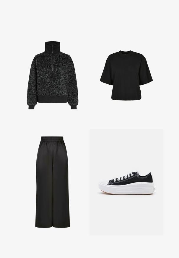 Čierny fleecový pulover s textúrou, vysokým golierom a polovičným zipsom, s rebrovanými manžetami a spodným okrajom pre pohodlné nosenie.; Čierne skrátené tričko z bavlny. Disponuje krátkymi rukávmi a okrúhlym výstrihom. Hladká textúra s jednoduchým dizajnom, bez ďalších vzorov.; Čierne široké nohavice vyrobené z hladkého, lesklého materiálu s elastickým pásom a bez viditeľných vreciek či kovových detailov.; Čierne plátenné tenisky s bielymi šnúrkami, bielym gumovým špičkovým krytom a robustnou bielou medzipodrážkou. Obsahujú jemné biele švy a gumenú podrážku.