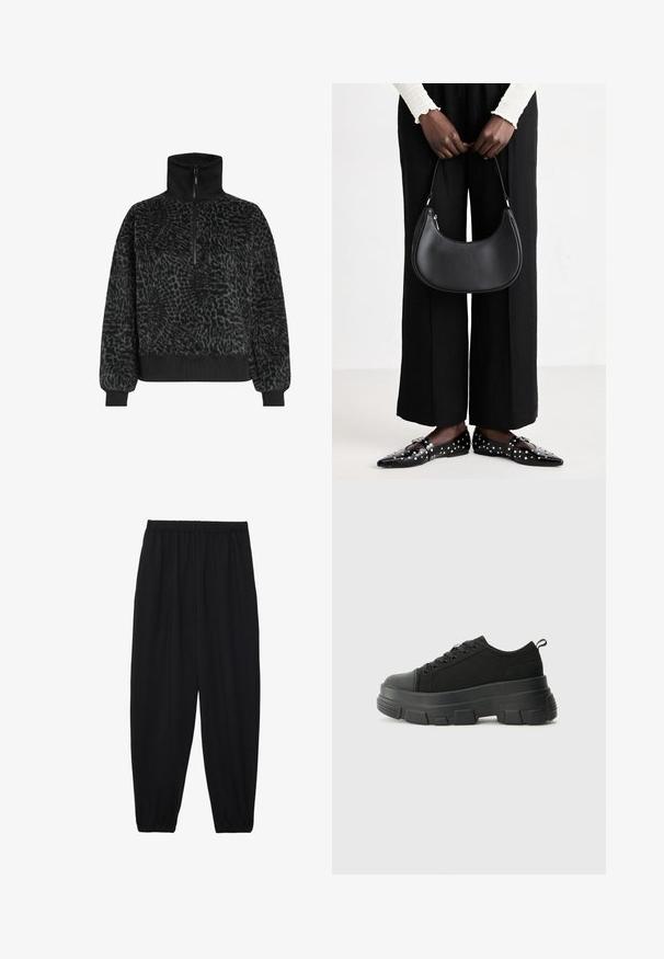 Pullover in pile nero con un alto colletto e zip metà, dotato di polsini e orlo a coste per una vestibilità aderente.; Pantaloni neri leggeri con vita elastica e caviglie arricciate. Il tessuto è liscio e presenta un design rilassato e affusolato.; Sneaker nere con suola in gomma spessa, superiore in tessuto testurizzato, punta rotonda e design con lacci. Presenta occhielli rinforzati e linguetta sul retro.; Borsa a spalla in pelle nera con forma arrotondata, finitura lucida e accessori in argento. Persona che indossa pantaloni ampi neri e mocassini con borchie.