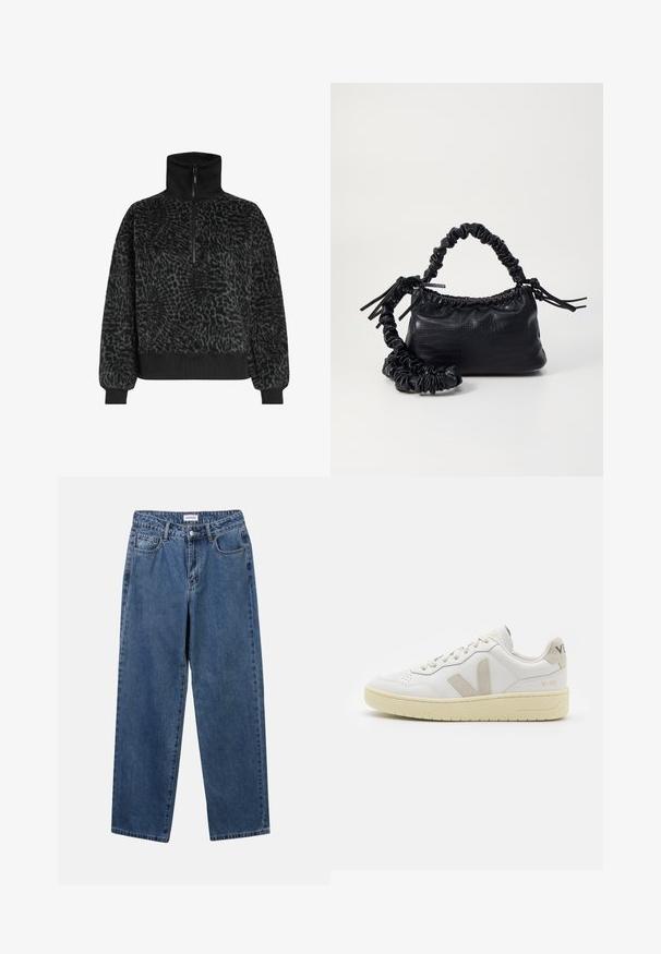 Schwarzer strukturiert Fleece-Pullover mit hohem Kragen und Halb-Reißverschluss, ausgestattet mit gerippten Bündchen und Saum für einen engen Sitz.; Klassische blaue Denim-Jeans mit geradem Bein, fünf Taschen und Knopfverschluss. Sie verfügen über eine mittelblau gewaschene Optik und sind aus robuster Textur.; Weiße Ledersneaker mit beigen Wildlederakzenten, perforierte Zehenbox, flache Schnürsenkel und eine strukturierte cremefarbene Sohle. Mit dezentem Branding an der Ferse.; Schwarze Handtasche aus Kunstleder mit Krokodilstruktur, gerafftem oberen Teil und einem geschoppten Tragegurt. Sie wirkt weich und kompakt im Design.