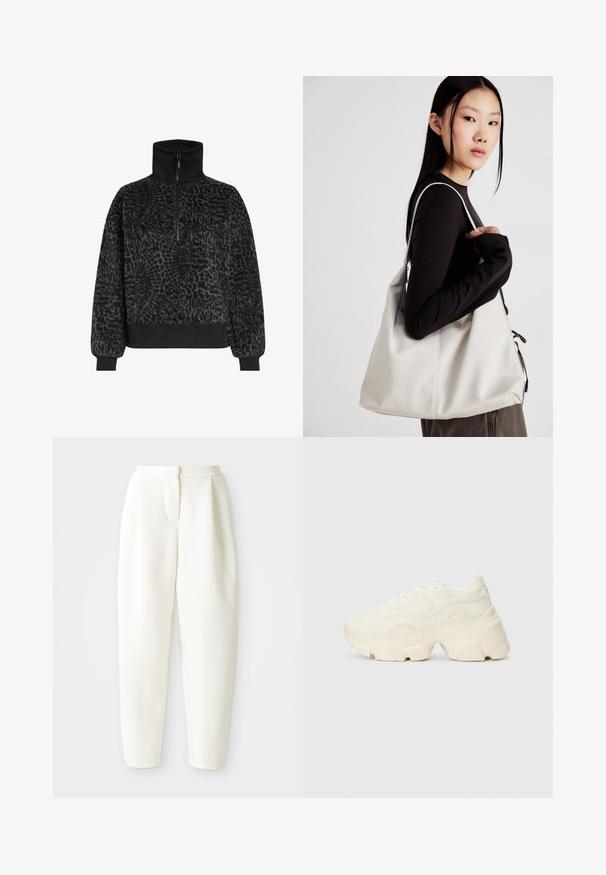 Must värviga fliispusa kõrge krae ja poolsiiliga, mis on varustatud soonikkraega ja hemiga, et tagada mugav istuvus.; Kõrge vöökoht ja kitsenevad valged püksid peidetud esiklõike ja küljetaskutega, esitlemine lihtsa valge tausta ees.; Paksud valged tennised, mis on valmistatud tekstureeritud võrgu- ja sünteetilistest materjalidest, pakuvad paksu tallaga ja keerukat mustrit külgedel.; Bež käekott pehme materjali, millel on lõtv disain, õmblustega detailid ja kaks õlarihma. Sobib igapäevaseks kasutamiseks.