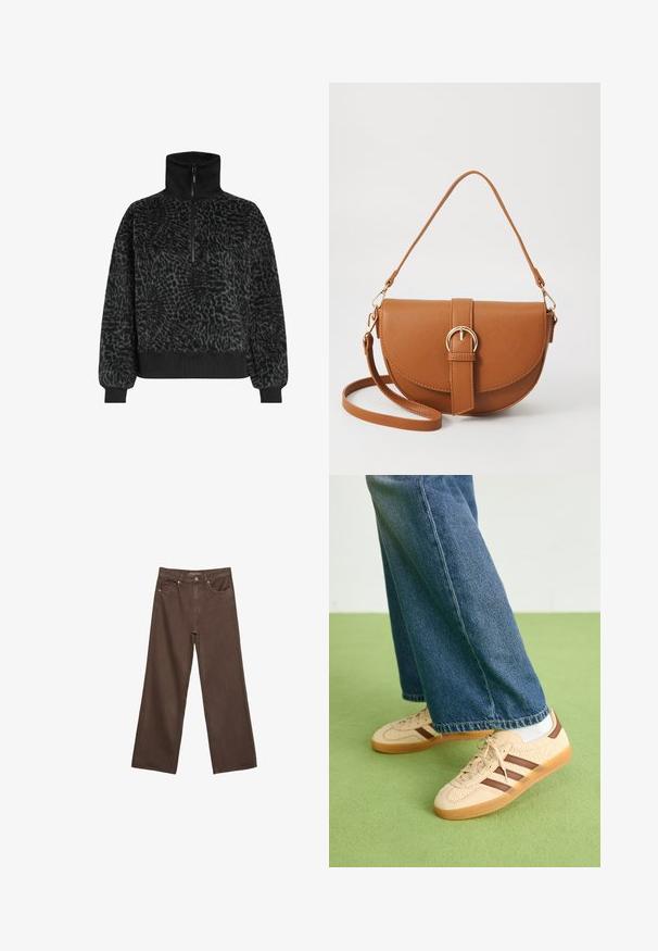Črn pulover iz teksturiranega flisa z visokim ovratnikom in pol zadrgo, ki ima rebraste manšete in rob za udoben fit.; Široke rjave kavbojke iz denima, ki imajo visok pas, sprednje žepe in klasično zapiranje na gumb. Gladka tekstura s subtilnim šivom.; Bež teniske z teksturiranimi kremnimi paneli in rjavimi črtami, v kombinaciji z modrimi kavbojkami. Kavbojke imajo široke hlačnice in raztrgan rob.; Rjava usnjena torbica prek telesa s ukrivljeno obliko, zlate opreme in sponko. Ima odstranljiv naramni trak.