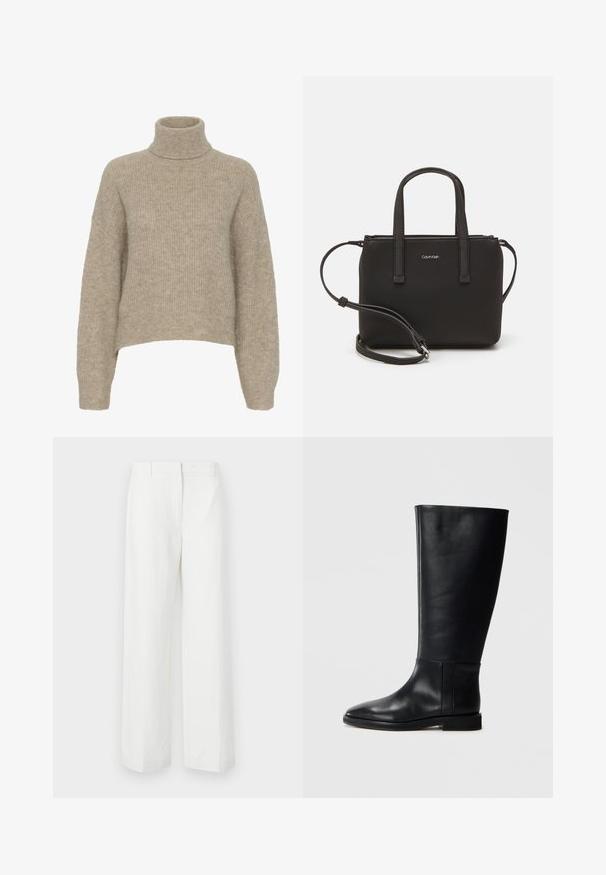 Bež pulover s turtleneck iz pletenine z rebrasto teksturo, padajočimi rameni in skrajšanim robom. Mehka, lahka tkanina.; Bele hlače širokih nogavic z gladko teksturo, s ploskim sprednjim delom in pregibanimi linijami. Narejene iz lahkotnega materiala, brez vidnih vzorcev.; Črne usnjene škornje do kolen z zaobljenim nosom, gladko teksturo, minimalističnim dizajnom in ravnim podplatom. Preproste šivane detajle na zgornjem delu.; Črna torbica z dvema kratkima ročajema in odstranljivim naramnim trakom. Gladek usnju podoben material z zadrgo in podrobnostmi z logotipom.