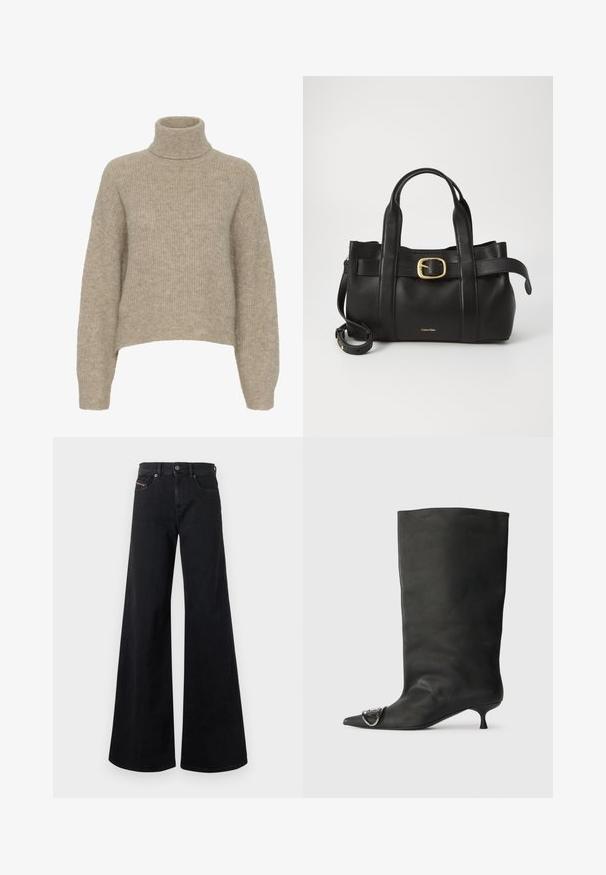 Beige pletený rolák s ribbovanou texturou, spadlými rameny a kratším lemem. Měkký, lehký materiál.; Černé džíny s širokými nohavicemi vyrobené z denimu, s vysokým pasem, zapínáním na knoflíky, předními kapsami a minimálním prošíváním.; Černá kožená kotníková bota s špičatou špičkou, malým podpatkem a kovovým akcentem na špičce. Hladký, matný povrch po celém obvodu.; Černá kožená kabelka s upraveným designem, dvojitými vrchními madly, pozlaceným přezkovým akcentem a vyraženým logem značky na přední straně.