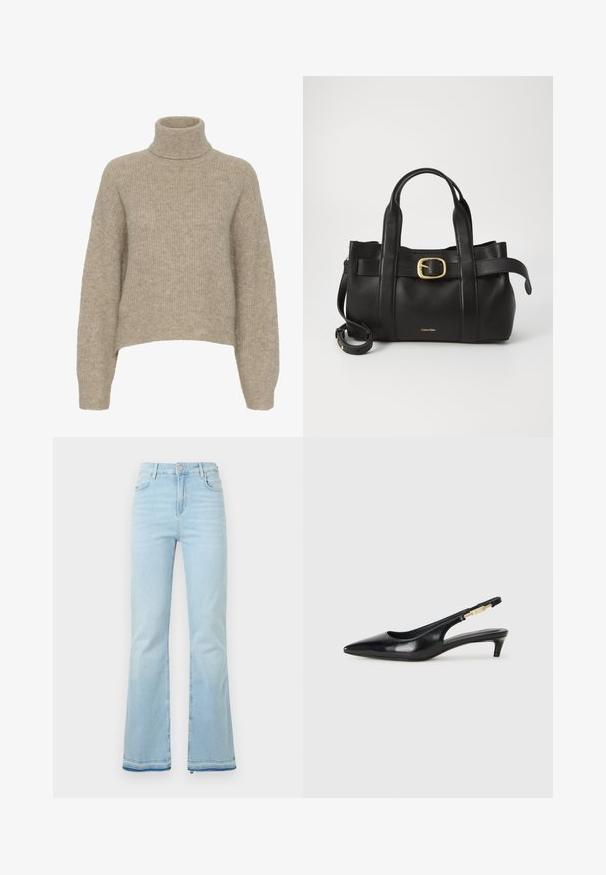 Bežinis megztas kaklo švarkas su raukšlėta tekstūra, nuleistomis pečių siūlėmis ir trumpu hemu. Minkšta, lengva medžiaga.; Šviesiai mėlyni, platėjantys džinsai pagaminti iš denimo, su aukštu juosmeniu, priekinėmis kišenėmis ir nelygiais apačiais, suteikiančiais kasdišką išvaizdą.; Juodas odinis pavasario batelių modelis su smailiu nosiu, turintis siaurą kulniuką ir auksinės spalvos akcentu reguliuojamoje juostoje. Lygi tekstūra.; Juodas odinis rankinės maišas su struktūrizuotu dizainu, dviem viršutinėmis rankenomis, auksinės spalvos sagtimi ir iškilniu prekės ženklu priekyje.