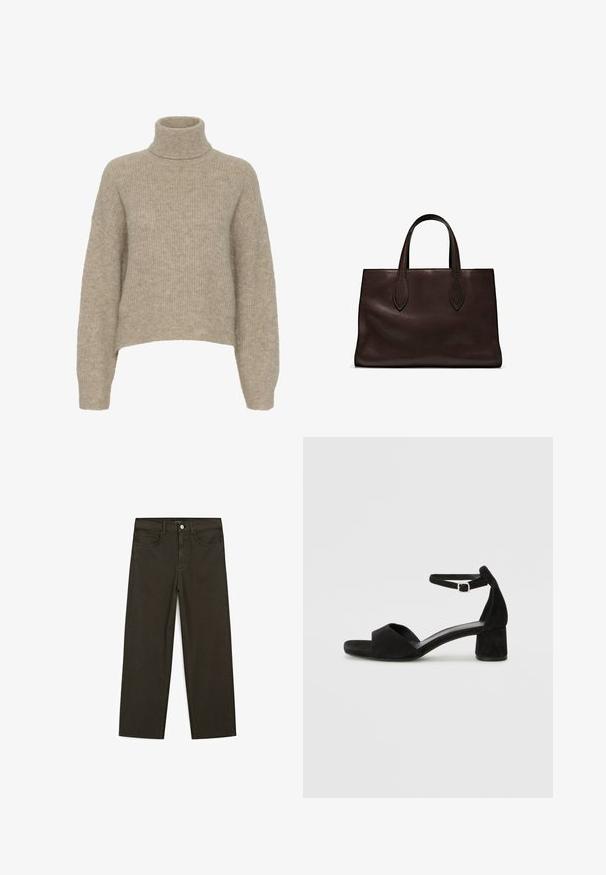 Beige pletený rolák s ribbovanou texturou, spadlými rameny a kratším lemem. Měkký, lehký materiál.; Tmavě zelené široké džínsy vyrobené z bavlněné směsi, s předním zapínáním na knoflík, pěti kapsami a klasickým denimovým stehem.; Černé sametové sandály na podpatku s tenkým řemínkem kolem kotníku, otevřenou špičkou a skromným blokovým podpatkem. Hladká textura a minimální akcenty.; Hnědá kožená taška přes rameno s dvěma dlouhými uchy, strukturální obdélníkový tvar, hladká textura a jemné švy.