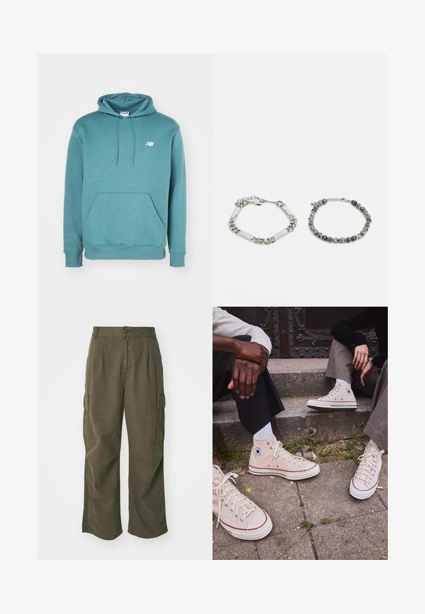 New Balance SPORT ESSENTIALS HOODIE UNISEX - Camisola - new spruce; Duas camisetas sem mangas em cinza escuro e castanho, feitas de um tecido suave. Cada uma possui um decote alto e um design ajustado com detalhes de costura contrastantes.; Calças cargo em verde oliva, feitas de algodão, com um design de perna larga, pregas e bolsos laterais para utilidade.; Ténis de cano alto em tela bege com risca vermelha, sola de borracha branca e ilhós de metal, apresentando o icónico logo da estrela na lateral.; Pulseira de corrente de prata com elos retangulares à esquerda; pulseira de contas cinzentas com pedras redondas à direita. Ambas têm fechos ajustáveis.