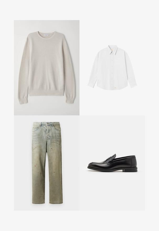 Pulover bej deschis, realizat dintr-un material tricotat moale. Guler rotund, mâneci lungi, manșete și tiv cu detalii subtile de textură.; Cămașă albă cu guler clasic, mâneci lungi și tiv rotunjit; are un mic logo portocaliu în partea stângă jos.; Jeans din denim uzat, de culoare verde deschis, cu un croi drept, design cu cinci buzunare, și decolorare inegală cu stropi de vopsea.; Mocasini din piele neagră cu o textură netedă, vârf rotund și o curea decorativă peste partea superioară. Toc mic, design minimalist.