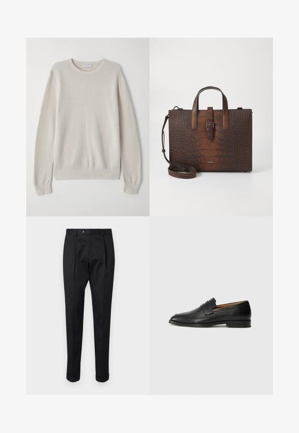 Světlý béžový svetr vyrobený z měkkého pleteného materiálu. Kulatý výstřih, dlouhé rukávy, žebrované manžety a lem s jemnými texturovanými detaily.; Černé kalhoty z hladkého materiálu s pukem vpředu, zapínáním na knoflík a ohrnutými manžetami u kotníků.; Černé kožené mokasíny s kulatou špičkou, jemným prošíváním a nízkým podpatkem, s hladkým povrchem a minimalistickým designem.; Hnědá kabelka z krokodýlí kůže s embosováním, s horními uchy a odnímatelným ramenním popruhem. Disponuje sponou na zavírání a obdélníkovým tvarem.