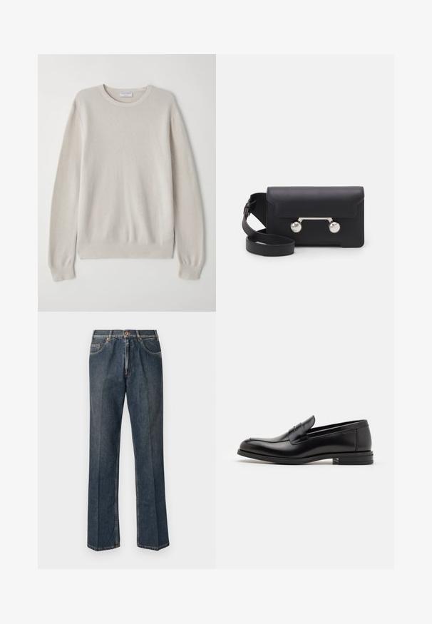Šviesiai smėlio spalvos megztinis, pagamintas iš minkštos mezgimo medžiagos. Apvalus iškirpimas, ilgos rankovės, gilesni kūgio formos rankogaliai ir apvadas su subtiliu tekstūros detailiu.; Tamsiai mėlynos tiesios kojos džinsai su priekiniais mygtukais, užtrauktuku, dviem priekinėmis kišenėmis ir matomomis vertikaliomis raukšlėmis nuo kelnių šonų.; Juodos odinės loafers, turinčios lygų paviršių, apvalią noselę ir dekoratyvinę juostą per priekinę dalį. Žemas krentantis kulnas, minimalistinis dizainas.; Juodas odinis kryžminis krepšys su sklendės uždarymu, sidabro spalvos detalėmis ir dviem apvaliais akcentais. Yra nusiimamas diržas. Lygus paviršius.