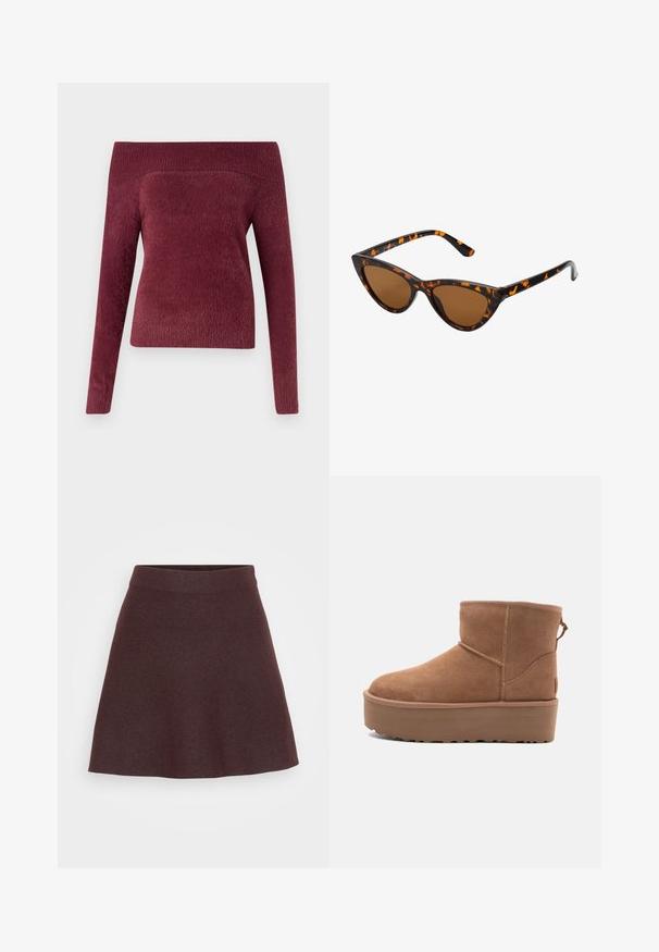 Burgundi spalvos megztinis be petnešų, pagamintas iš minkštos, tekstūruotos medžiagos; prigludusi forma su viena ilga rankove ir plačiu išpjovimu.; Burgundiškos spalvos mezginys sijonas, su plačiu juosmeniu, prasiskleidžiančiu dizainu ir glotnia tekstūra, bespalvis, be raštų ar akcentų.; Smėlio spalvos zomšiniai kulkšninių batai su platformos padu, apvaliu nosiu ir siuvinėjimo akcentais; turi kilpos užpakalinėje dalyje, kad būtų lengviau užsidėti.; Katės akies saulės akiniai su juodu ir oranžiniu šarvuotu rėmeliu, ruda objektyvu ir elegantiškais, smailiais galiukais. Rėmelyje yra minimalus logotipas ant šventės.; Ruda odinė petinė kuprinė su tekstūrine apdaila, išlenkta forma, auksinės spalvos aksesuarai, reguliuojama juosta ir dangtis.