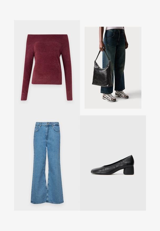 Bordeaux off-shoulder trui van zachte, gestructureerde stof; getailleerde pasvorm met één lange mouw en een brede ribbelsnit.; Lichtblauwe flared jeans van denim, met een hoge taille, vijf zakken en een enkele knoopsluiting. Zachte textuur met een vervaagde afwerking.; Zwarte leren pump met een ronde neus en een middenblokhak. Glad textuur met minimale details, voorzien van een subtiele elastische opening.; Zwarte leren schoudertas met een gladde textuur en een verstelbare strap, gecombineerd met vervaagde wijde jeans en sportieve sneakers.