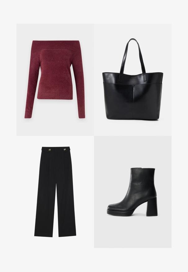 Bordeaux off-shoulder trui van zachte, gestructureerde stof; getailleerde pasvorm met één lange mouw en een brede ribbelsnit.; Zwarte wijde broek met hoge taille, knoopdetails op de tailleband en plooien aan de voorkant.; Zwarte leren enkelboot met een blokhak en platformzool, zijaanzicht op een effen witte achtergrond.; Zwarte leren tote bag met twee lange handvatten, een zachte textuur en een gestructureerde vorm. Voorzien van een voorvak voor extra opslagruimte.