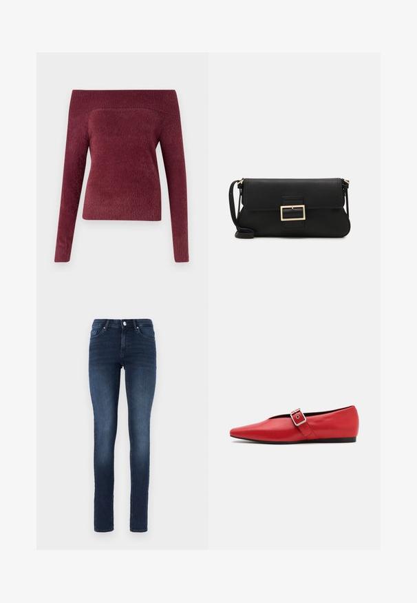Burgundowy sweter bez ramion w miękkiej, teksturowanej tkaninie; dopasowany fason z jedną długą rękawą i szerokim prążkowanym dekoltem.; Ciemnoniebieskie wąskie dżinsy wykonane z denimu, z klasycznym pięciopocketowym wzorem, zapinane na guzik, z delikatnym wyblaknięciem na udach.; Czerwone skórzane baleriny z wąskim noskiem, z bocznym paskiem z metalowym klamrą i niskim czarnym obcasem. Gładka tekstura na całej powierzchni.; Czarna skórzana torebka kopertowa z klapką i detalem w postaci złotej metalowej klamry. Zawiera czarny pasek oraz elegancki, minimalistyczny design.; Srebrne kolczyki w kształcie obręczy z skręconym wzorem, z polerowanym wykończeniem i zapięciem na sztyft. Mają średnicę około 3 cm.
