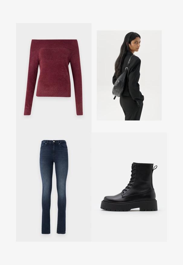 Pull bordeaux à épaules dénudées en tissu doux et texturé ; coupe ajustée avec une longue manche et un large col à côtes.; Jean en denim délavé foncé avec une coupe ajustée, taille haute, design à cinq poches et fermeture à bouton en métal. Texture lisse avec un léger dégradé.; Bottines en cuir noir avec un bout rond, un laçage à l'avant et une épaisse semelle en caoutchouc dotée d'un motif texturé. Tirer au dos.; Femme avec de longs cheveux foncés portant un costume noir, portant un sac à épaule en cuir noir, regardant par-dessus son épaule contre un fond blanc.