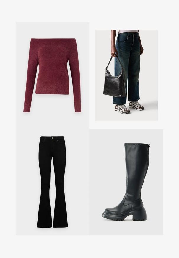Bordeaux avskuren tröja med axlarna bar i mjukt, texturerat tyg; figurnära passform med en lång ärm och en bred ribbad halsringning.; Svarta högmidjade jeans med knäppning och dragkedja, frontfickor och utsvängda ben, liggande platt på en vit bakgrund.; Höga svarta läderstövlar med kraftig plattformssula och blockklack, med dragflik och strukturerat mönster på yttersulan.; Svart läderaxelväska med en slät yta och justerbar rem, i kombination med urtvättade vida jeans och sportiga sneakers.