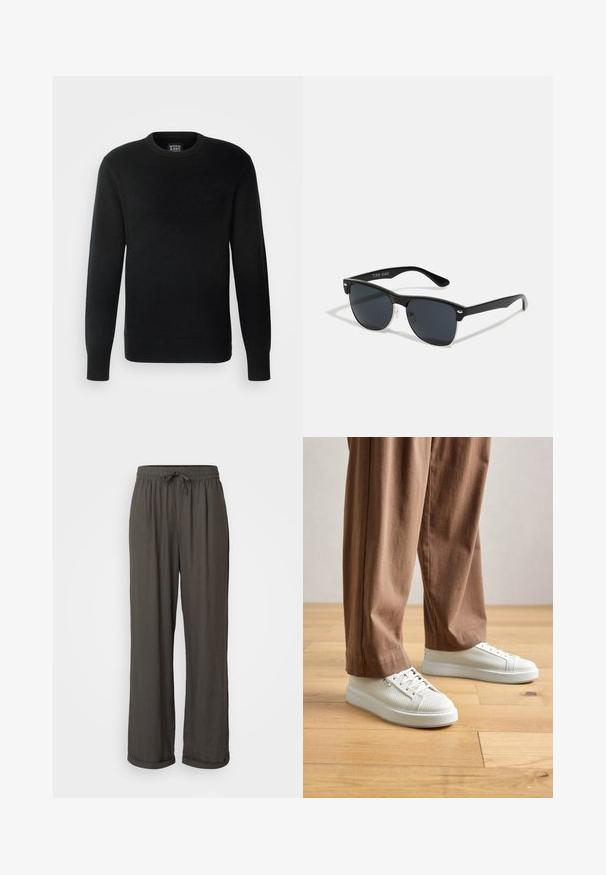 Black knit sweater with long sleeves, round neckline, ribbed cuffs and hem, featuring a small logo label at the bottom left.; Dark gray wide-leg pants with a drawstring waist, made of a soft, textured fabric, featuring rolled cuffs at the ankles.; Person wearing white textured low-top sneakers and loose brown pants, standing on light wood floor.; Black sunglasses with a rectangular shape, dark lenses, silver accents at the temples, and a matte finish on the frame.