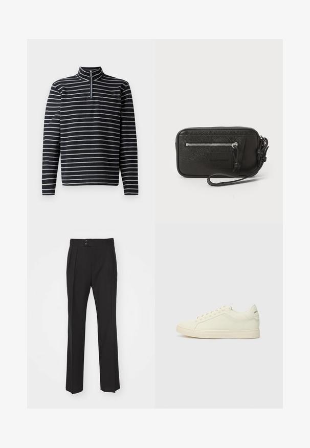 Granatowy i szary w paski długi rękaw pulower z kołnierzem na pół-zamek i kieszenią na piersi, wykonany z teksturowanej tkaniny.; Czarne spodnie z dopasowanym krojem, charakteryzujące się prostymi nogawkami, dwoma kieszeniami z przodu oraz podwójnym zapięciem na guziki w talii. Gładka faktura materiału.; Białe skórzane sneakersy o minimalistycznym designie, teksturowanej cholewce i zaokrąglonym czubku. Posiadają gumową podeszwę i dyskretną markę na pięcie.; Czarna skórzana kopertówka o teksturowanej powierzchni, z przednią kieszenią na zamek błyskawiczny i odpinanym uchwytem na nadgarstek. Posiada naszywkę z logo z przodu. Prostokątny kształt.