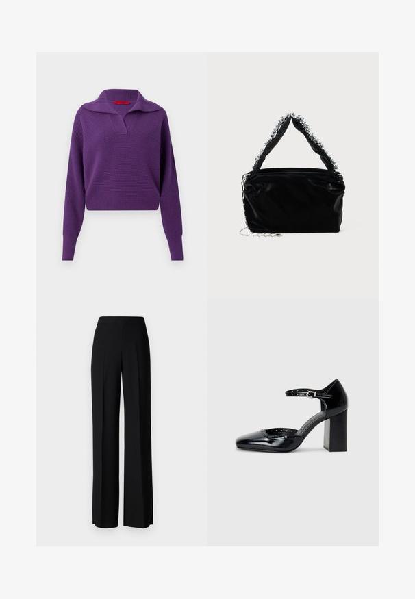 Pulover tricotat violet, cu guler lat, decolteu în V și mâneci lungi. Fabrică texturată, lungime scurtă, având un etichetă interioară roșie de marcă.; Pantaloni negri cu picioare largi, cu o textură netedă, având o talie înaltă și pliseuri centrale. Fără modele vizibile sau detalii de hardware.; Pantofi cu toc înalt din piele lăcuită neagră, cu vârf pătrat, curea pentru gleznă și toc gros. Include detalii perforate de-a lungul marginii.; Geantă din piele sintetică neagră cu un finisaj texturat, având un accent din mărgele argintii de-a lungul mânerului de sus și o curea din lanț.