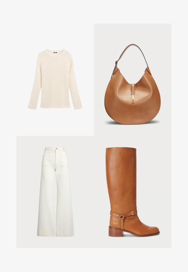Knitted sweater in cream, featuring a crew neckline, long sleeves, loose fit, and fringe detailing at the hem and cuffs.; Wide-leg jeans in off-white denim. High-waisted design with a button closure, two front pockets, and contrast stitching details.; Tall brown leather boots with a smooth finish, featuring a side buckle strap and a stacked heel. The upper has a clean, unembellished design.; Tan leather handbag with a curved shape and a wide shoulder strap. Features a gold metal accent at the center and smooth texture.