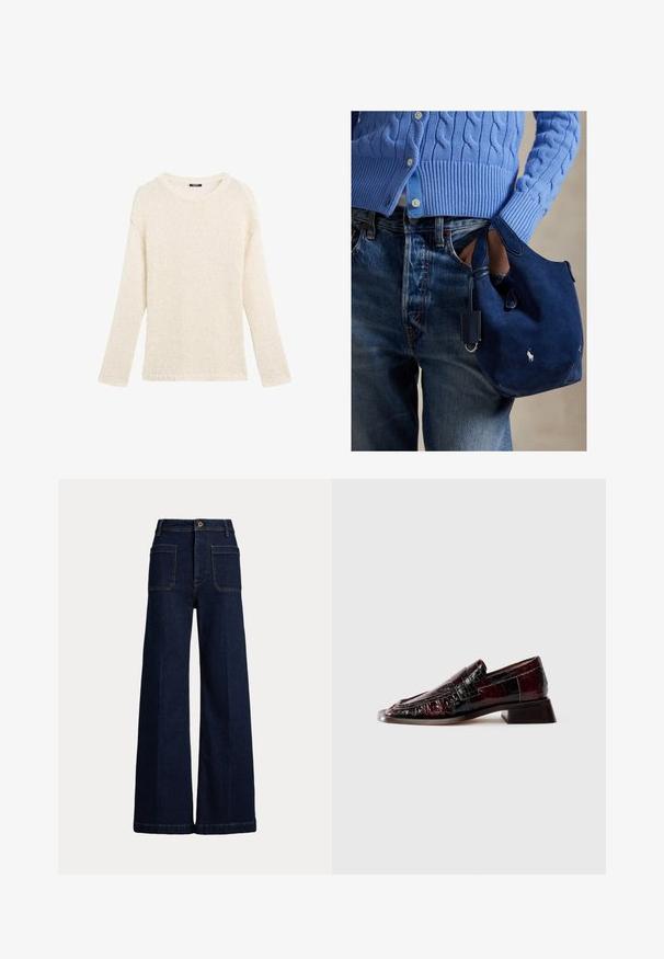 Knitted sweater in cream, featuring a crew neckline, long sleeves, loose fit, and fringe detailing at the hem and cuffs.; Wide-leg dark blue denim jeans with a high waist, five-pocket design, and contrasting stitching. Features a button closure and a structured shape.; Dark burgundy patent leather loafer with textured finish, low block heel, and classic penny strap detailing, shown from the side.; Navy suede handbag with soft texture, dual handles, and a small attached tag. Features a white logo on the front and a rounded bottom.