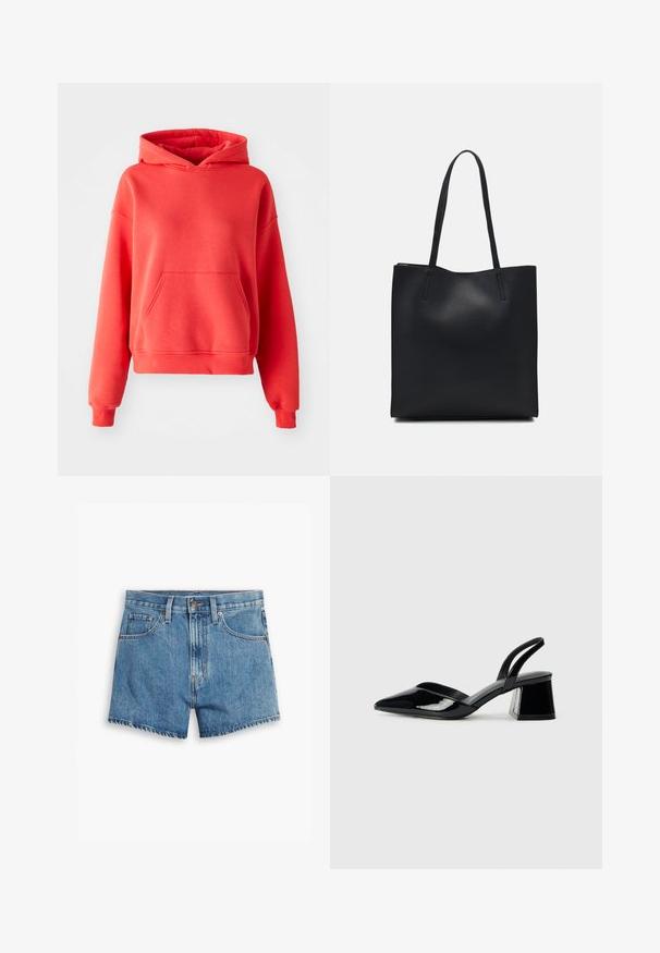 Koralo spalvos džemperis, pagamintas iš minkštos medžiagos, su priekinėmis kišenėmis, reguliuojamu kapisonu ir ribotu rankogalių bei apykaklės dizainu. Relaxed fit.; Šviesiai mėlyni džinsiniai šortai, turintys penkis kišenes, užtrauktuko užsegimą ir mygtuko uždarymą. Apačia yra nusidėvėjusi, o dizainas yra laisvo pjūvio.; Juodos lakuotos odinės šlepetės su smailiu pirštu ir geometriniu bloko kulnu. Turi elegantišką, minimalistinį dizainą ir lygų paviršių.; Juodas odinis tote krepšys su lygia tekstūra, stačiakampio formos ir dviem ilgais rankenomis. Matomų metalinių detalių ar puošybos nėra.