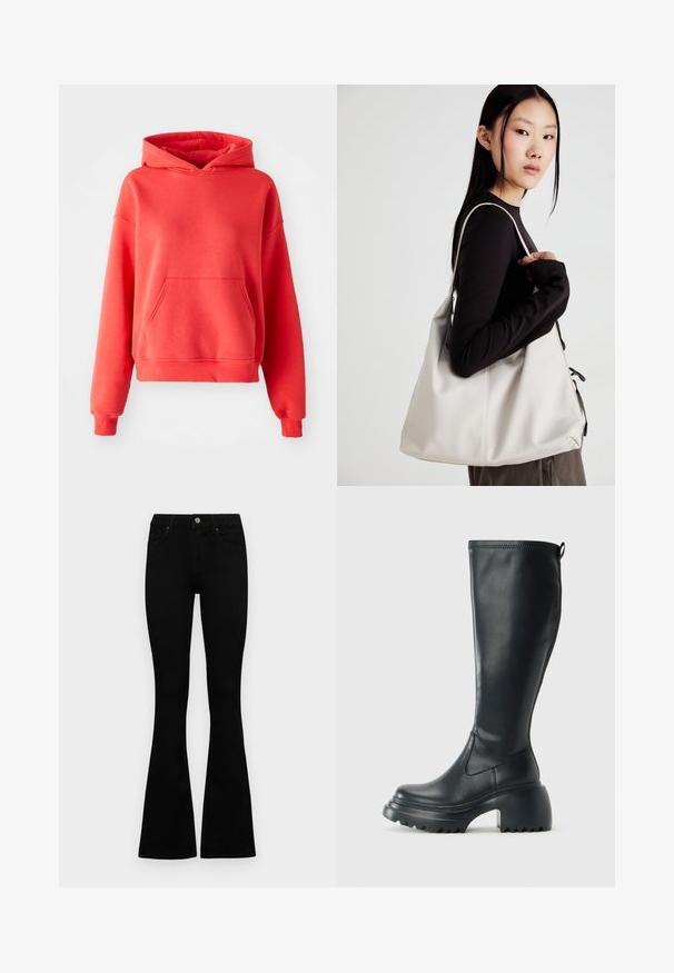 Felpa corallo realizzata in tessuto morbido, con tasca frontale, cappuccio regolabile con cordino e polsini e orlo a costine. Vestibilità rilassata.; Jeans neri a vita alta con chiusura a bottoni e zip, tasche frontali e gambali svasati, distesi su uno sfondo bianco.; Stivale lungo in pelle nera con suola piatta robusta e tacco a blocco, dotato di linguetta e battistrada testurizzato sulla suola.; Borsa a mano beige realizzata in materiale morbido, caratterizzata da un design morbido, dettagli cuciti e due manici. Adatta per l'uso quotidiano.