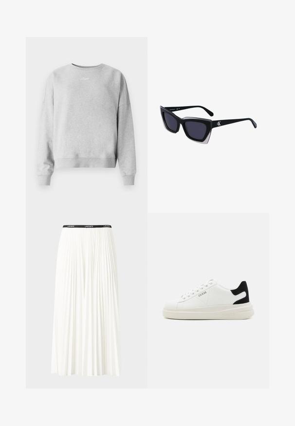 Hele hall sweatshirt ümmarguse kaelusega, soonikkoes varrukate ja alläärtega, ning diskreetse tekstilogo pildil. Pehme, tekstuuriga kangas.; Kurtitudega valge seelik musta elastse vööga, millel on "LACOSTE" logo. Keskmise pikkusega disain pehme tekstuuriga.; Valged nahast tennisetossud paksu valge tallaga, musta sametist kontsakeeuga ja külje peal riigilogo reljeefne kujundus. Lukkeskeem kuue silmaauguga.; Mustad suured mustad prillid geomeetrilise kujuga, tumedate läätsedega ja kontrastse halli detailiga raamidel. Logo käe peal.