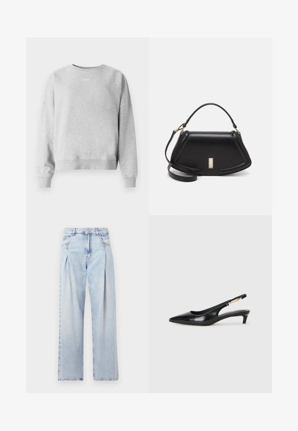 Ljust grå sweatshirt med rund halsringning, ribbad mudd och nederkant, och diskret textlogotyp på bröstet. Mjuk, texturerad tyg.; Ljust blå denimjeans med hög midja, vida ben, två sidofickor och veckad design. Mjuk textur med en blekt finish.; Svart läder slingback-hälar med spetsig tå, med en smal klack och en guldtonad detalj på den justerbara remmen. Slät textur.; Svart läderhandväska med en strukturerad design, som har en avskuren form, ett handtag upptill och guldiga detaljer. Justerbar axelrem ingår.