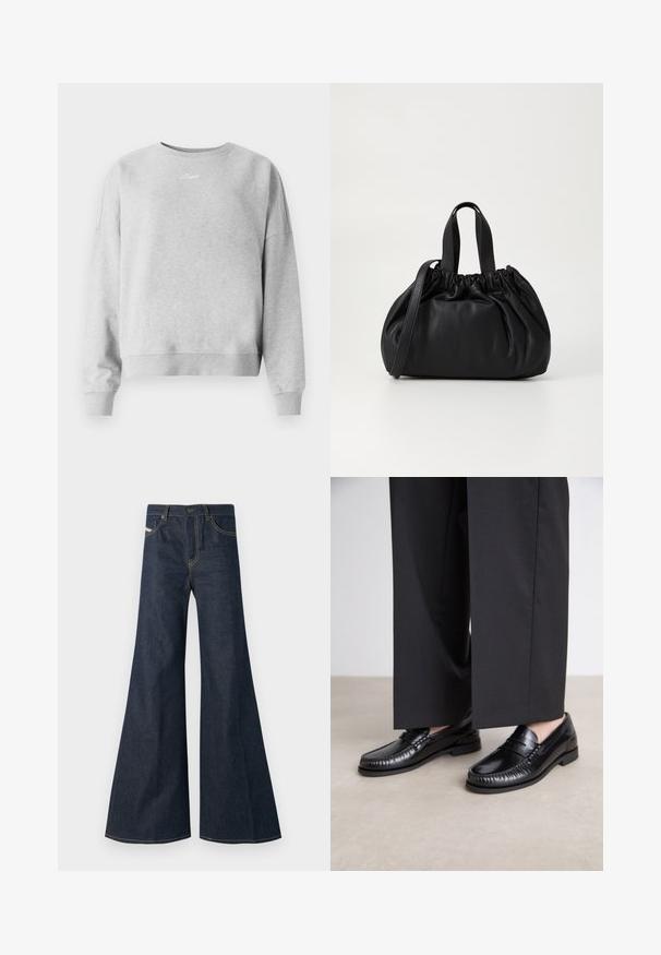 Világosszürke pulóver kerek nyakkivágással, bordázott mandzsettákkal és hemel, letisztult szöveges logóval a mellkason. Puha, texturált anyag.; Sötétkék, bővülő farmernadrág, magas derékkal, aranyvarrás kiemelésekkel, és két elülső zsebbel, gombos záródással.; Fekete bőr loaferek sima felülettel, varrott részletekkel az orrnál és alacsony gumitalppal. Széles fekete nadrággal párosítva.; Fekete bőr kézitáska, összegyűrt felső dizájnnal, két rövid fülekkel és egy hosszú, állítható pánttal. Simább textúra, lekerekített forma.
